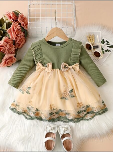 Olive Bloom Party Wear Baby Dress