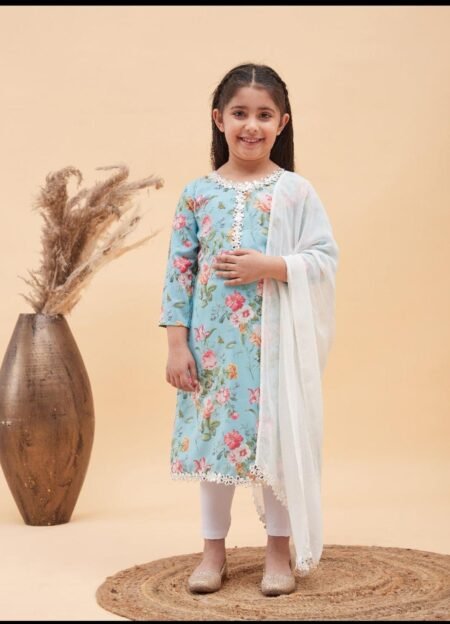 Sky Bloom Floral Kurta Set for Girls