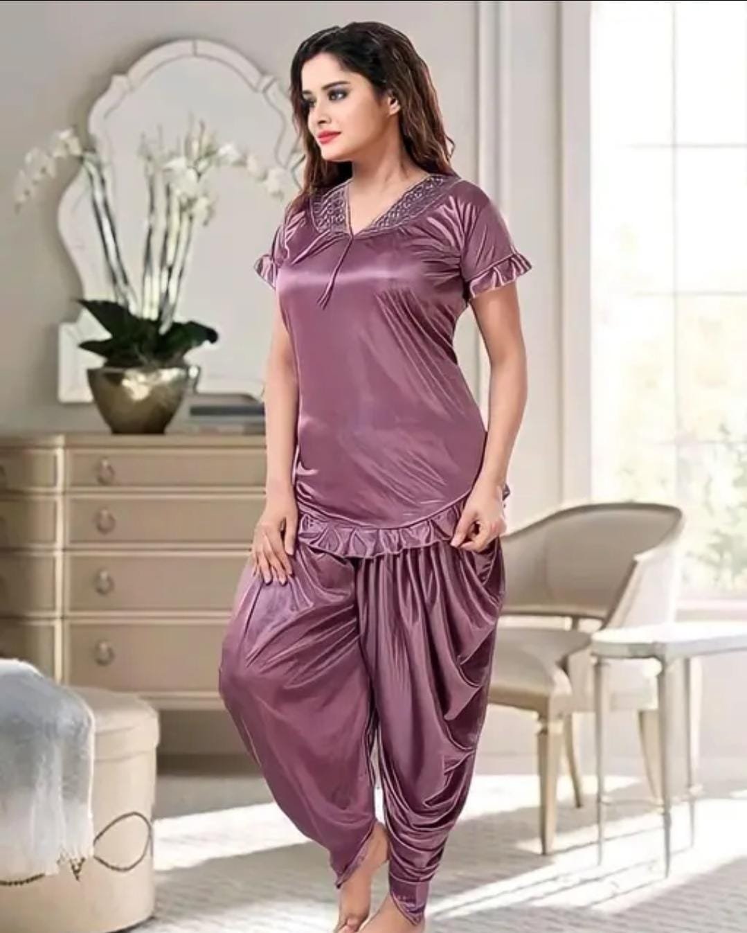 Elegant Purple Satin Night Suit with Flared Palazzos