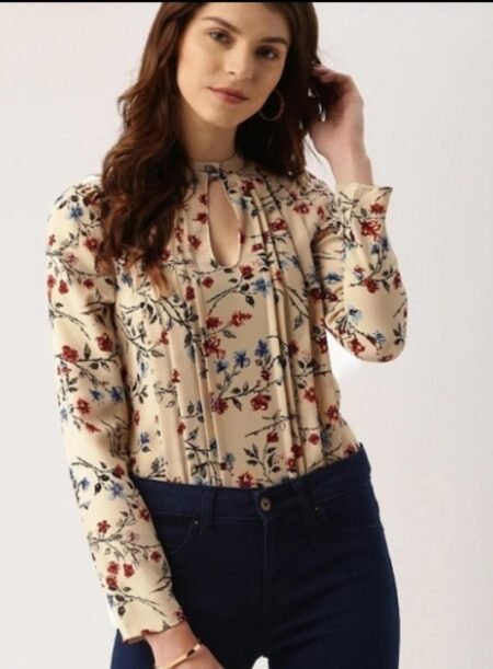Women’s Beige Floral Keyhole Neck Top