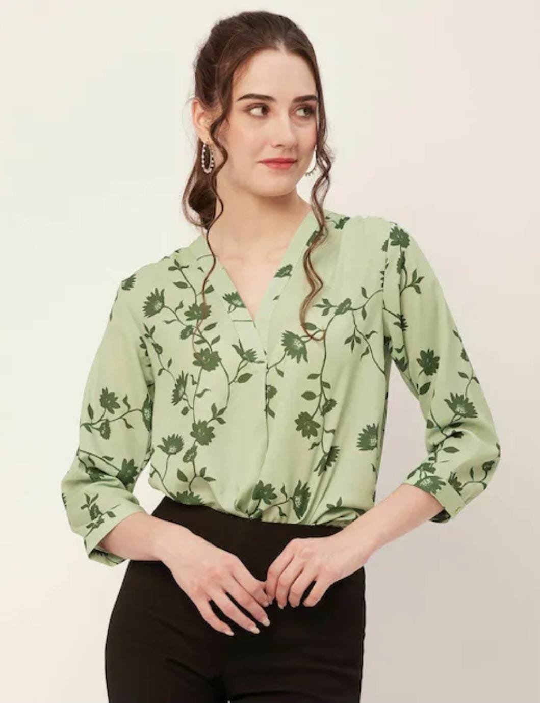 Women’s Green Floral V-Neck Top