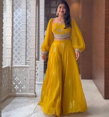 Women’s Yellow Embroidered Crop Top with Flared Palazzo Set