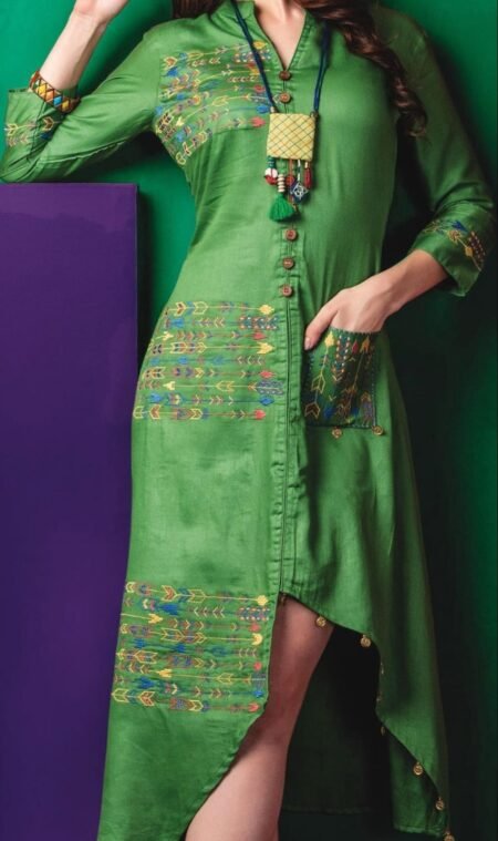 Women’s Green Embroidered Asymmetrical Kurti