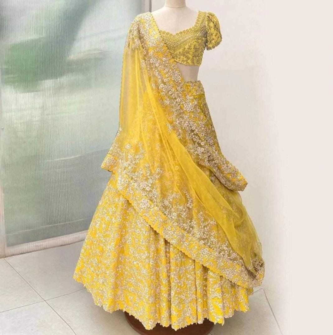 Women’s Yellow Floral Embroidered Lehenga Choli Set with Dupatta