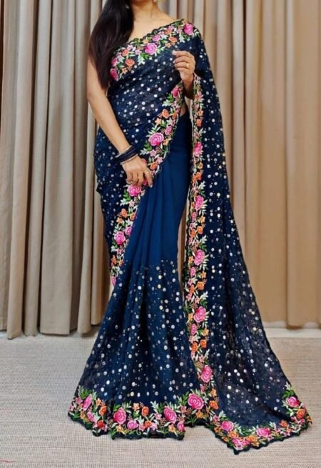 Navy Blue Georgette Saree with Floral Scalloped Border and Mirror-Work Sequins.