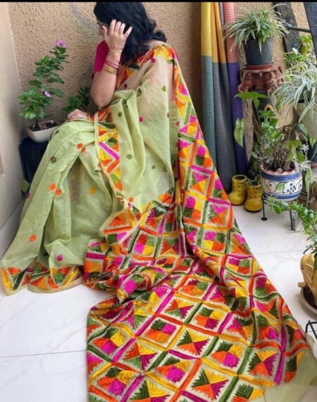 Hand-Embroidered Phulkari Saree in Olive/Pista Green