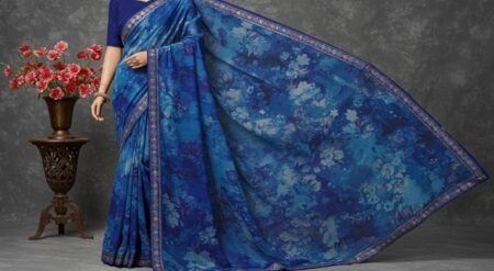 Azure Blue Floral Print Chiffon Saree with Decorative Border.