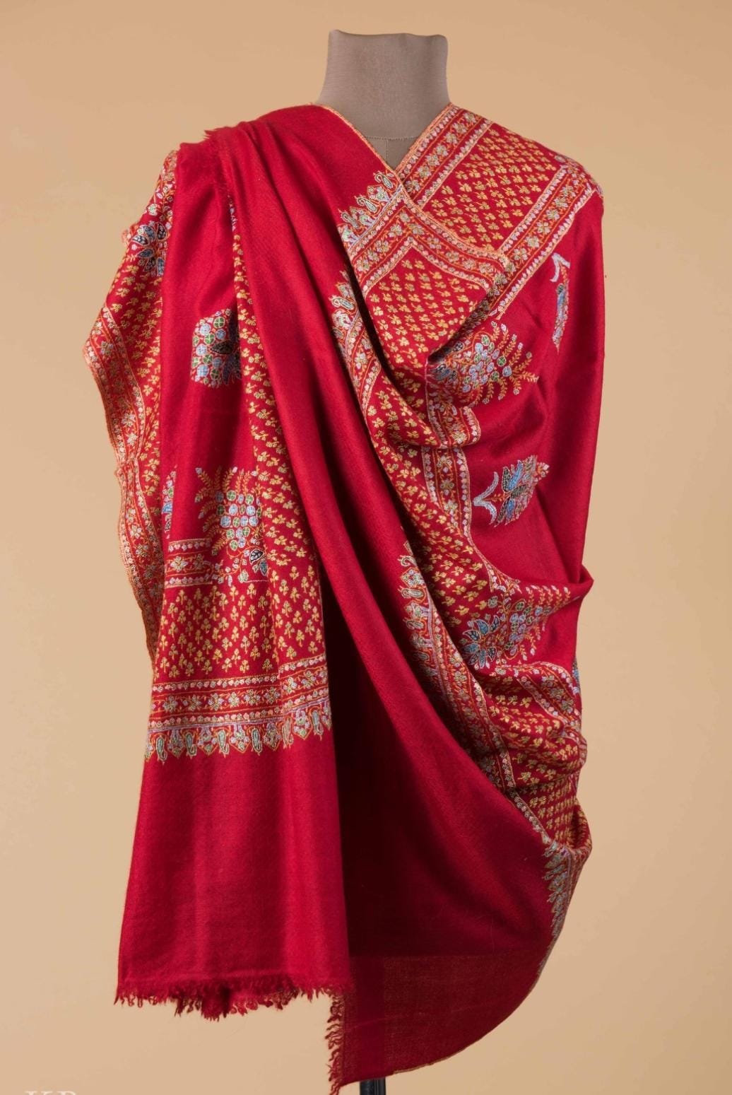 Authentic Red Kashmiri Pashmina Shawl with Golden Tilla Hand-Embroidery