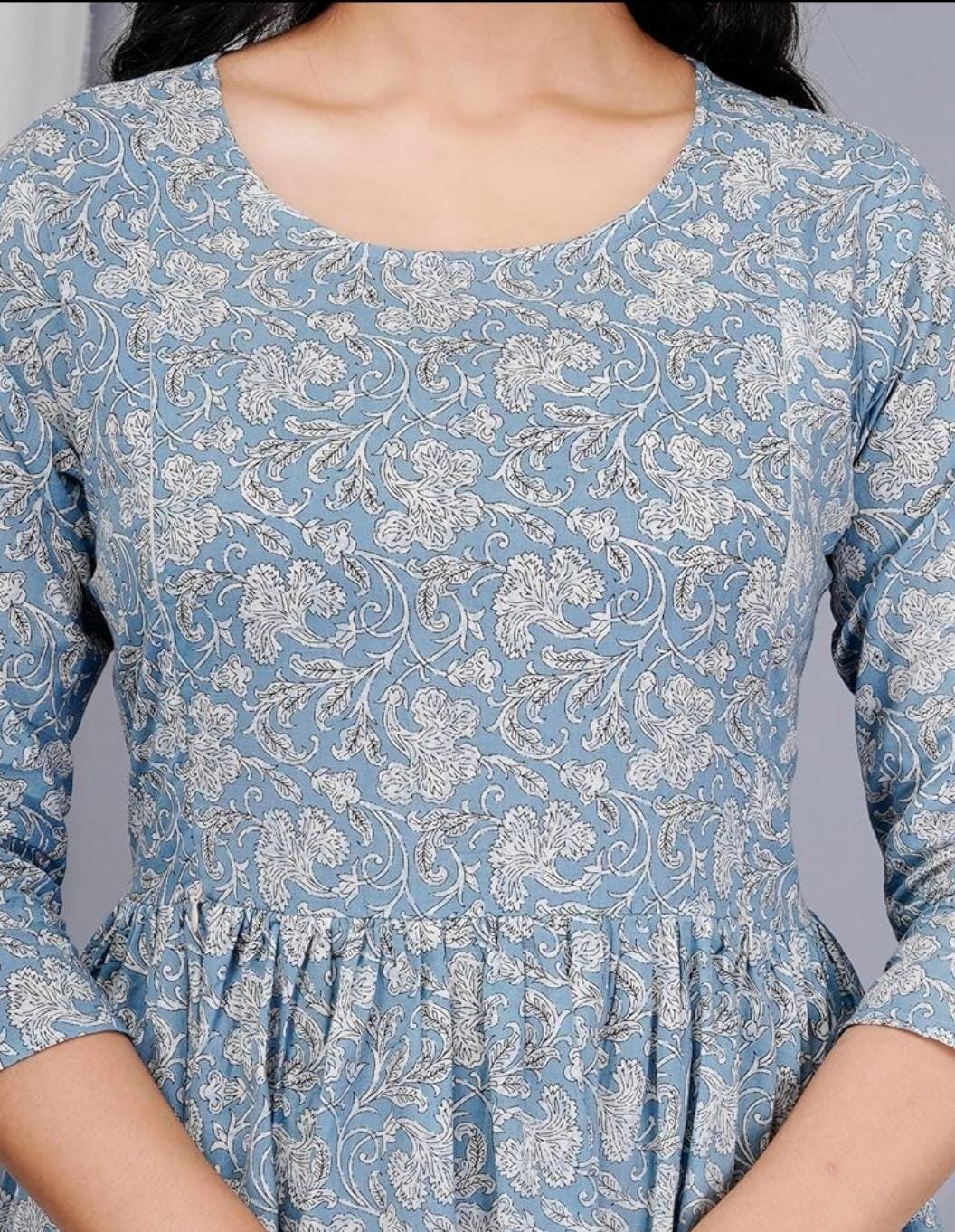 Powder Blue Floral Hand-Block Print Anarkali Kurti.