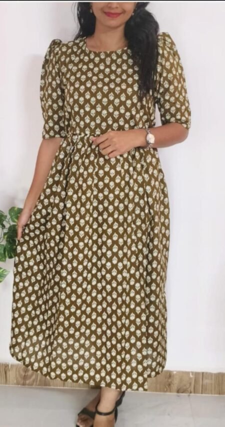 Olive Brown Printed Cotton A-Line Dress
