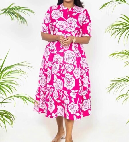 Pink Floral Printed Cotton Midi Dress