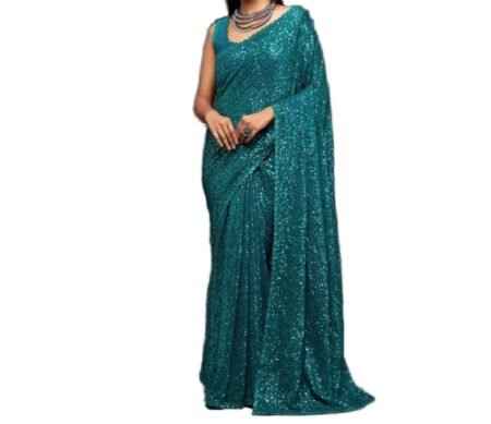 Teal Green Sequin Party Wear Saree