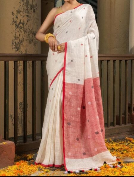Off-White Handloom Linen Cotton Saree with Red Border
