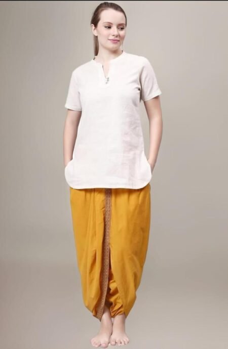 Ivory Linen Short Kurti with Mustard Cotton Dhoti Pants