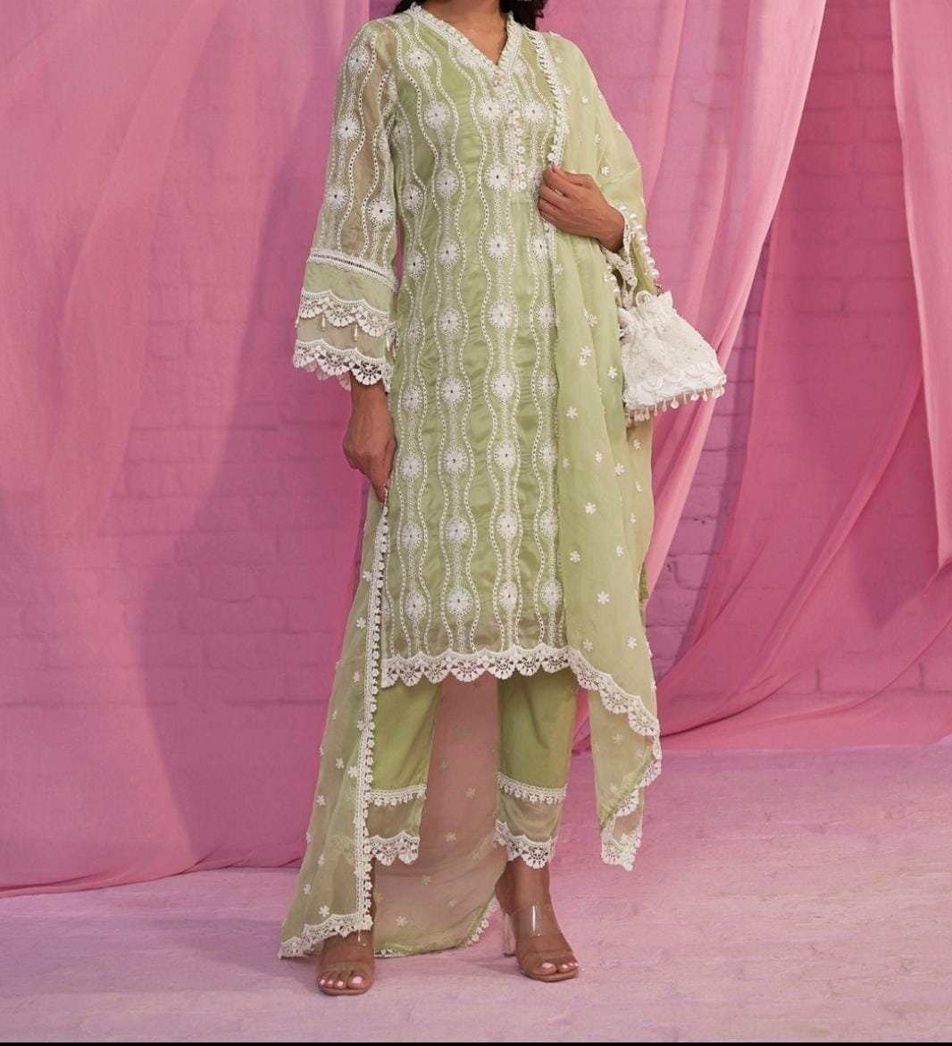 Mint Green Chikankari Embroidered Kurti Set with Dupatta gowns