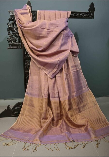 Lavender Linen Silk Saree with Gold Zari Border & Tassels