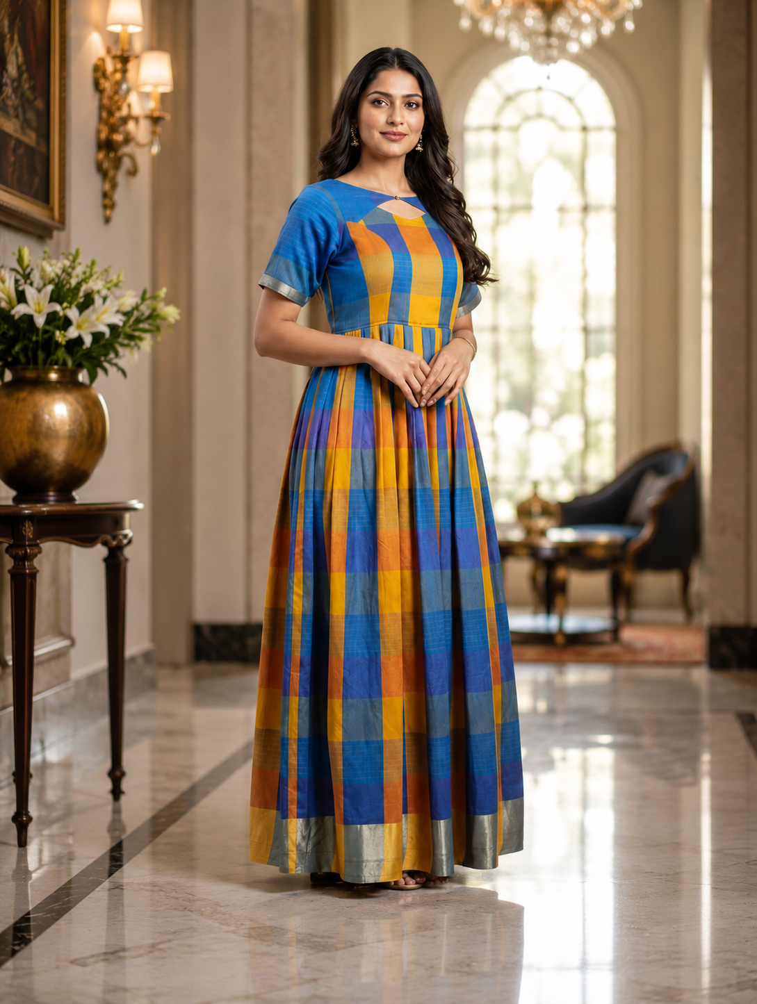 Royal Blue & Mustard Checked Anarkali Gown