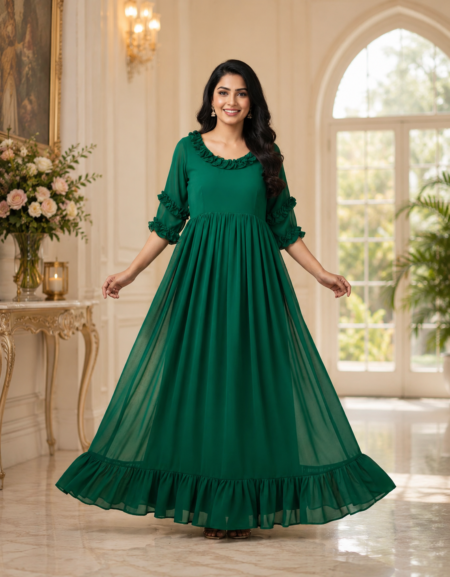 Emerald Green Ruffle Sleeve Maxi Gown