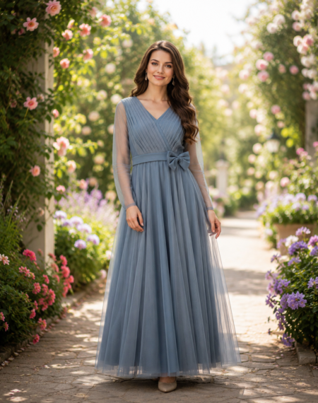 Dusty Blue Elegant Tulle Maxi Gown