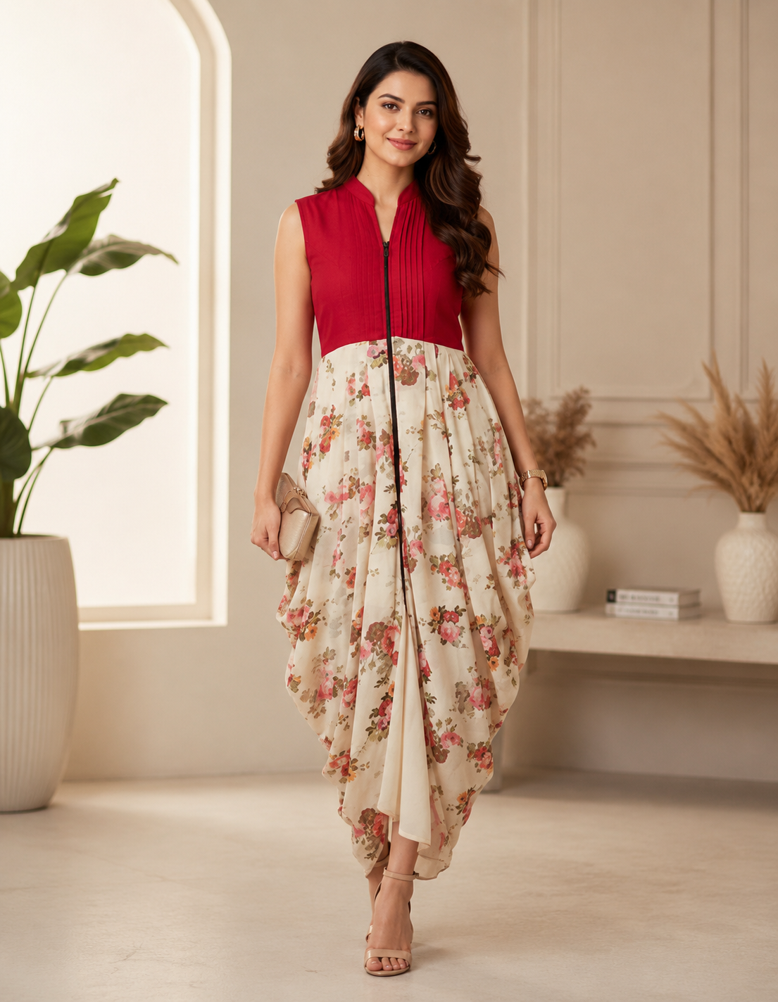 Floral Fusion Red Dhoti Style Indo-Western Dress