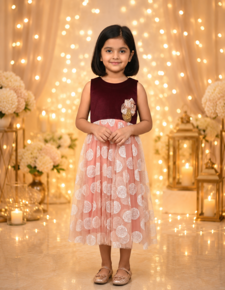Elegant Velvet & Peach Net Party Dress for Girls