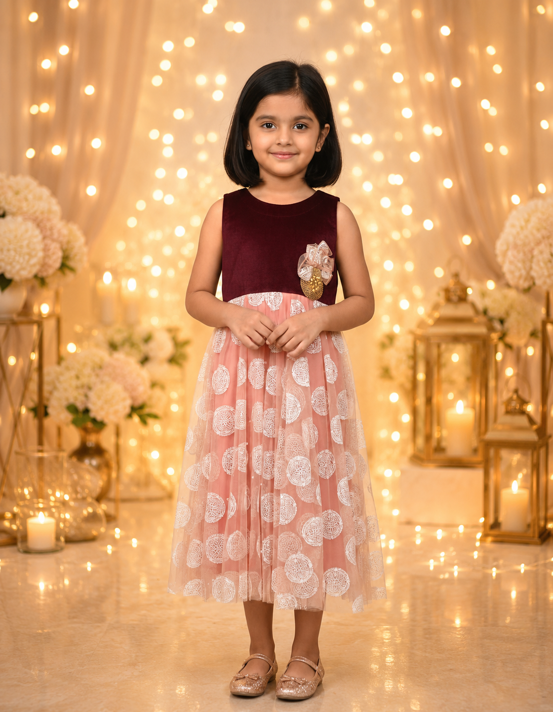 Elegant Velvet & Peach Net Party Dress for Girls