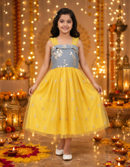 Sunshine Yellow Girls Party Wear Gown