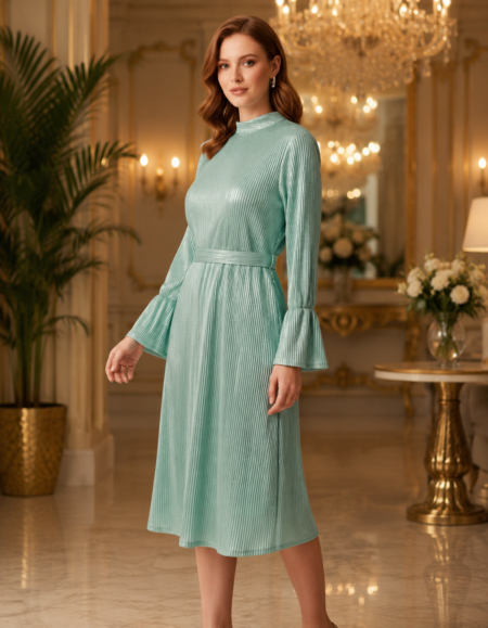 Elegant Mint Green Ribbed Midi Dress