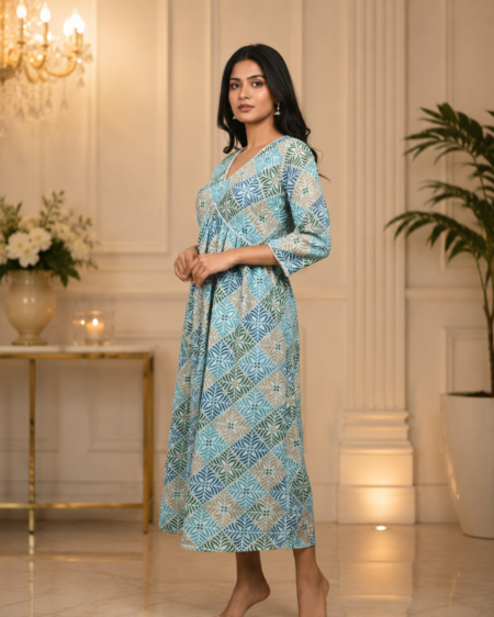 Elegant Aqua Blue Printed Maxi Dress