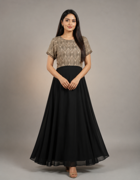 Elegant Noir Geometric Print Flared Maxi Dress