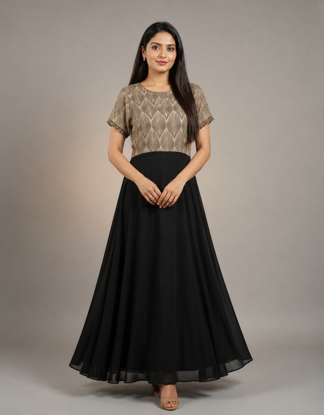 Elegant Noir Geometric Print Flared Maxi Dress