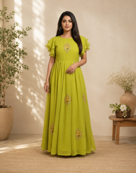 Olive Green Embroidered Flared Maxi Gown