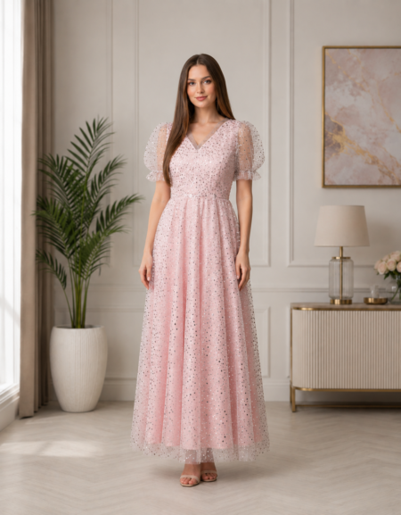 Blush Pink Shimmer Net Maxi Dress