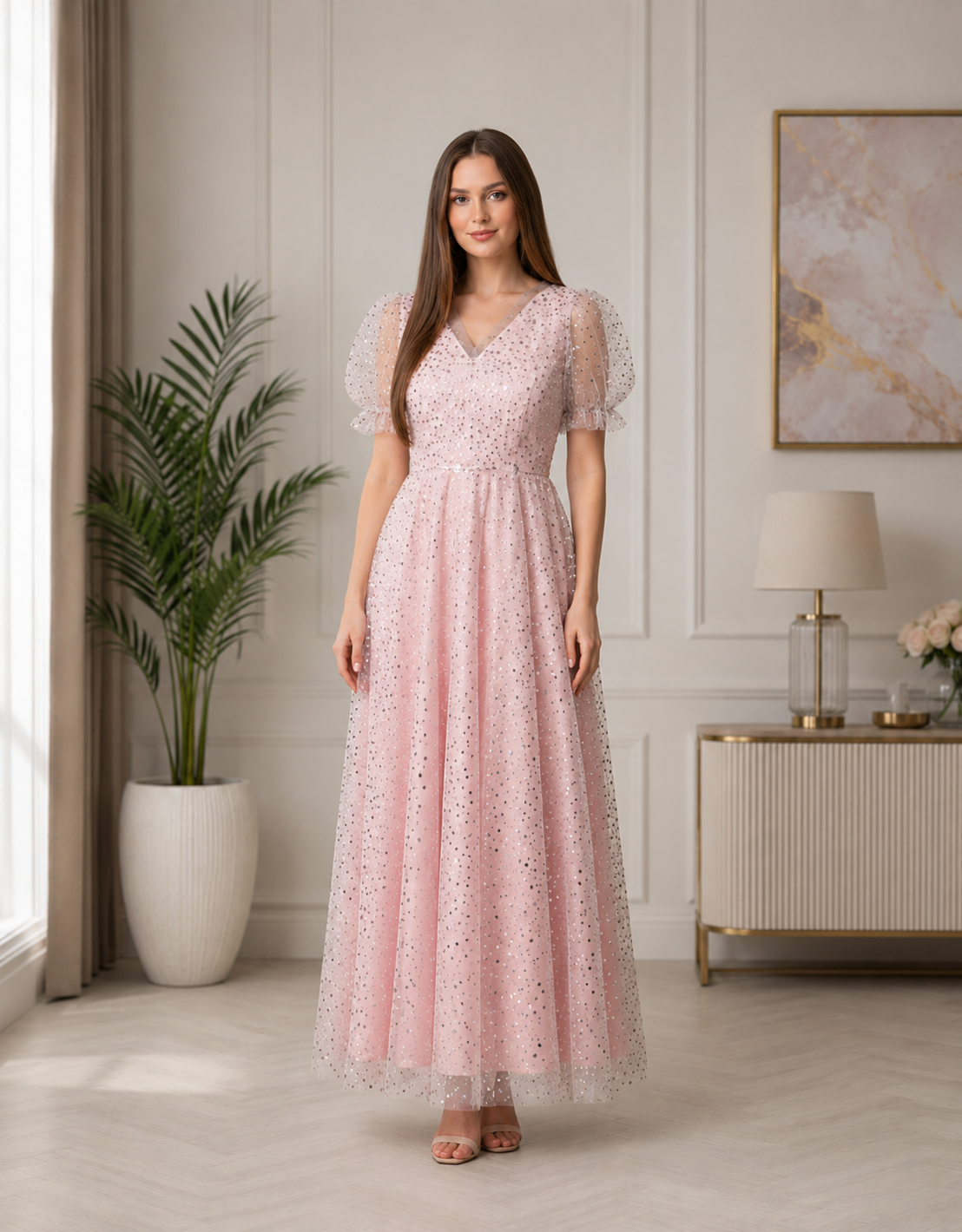 Blush Pink Shimmer Net Maxi Dress