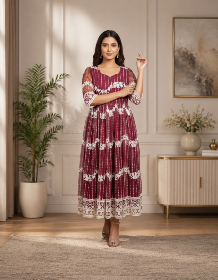 Wine Maroon Embroidered Net Midi Gown