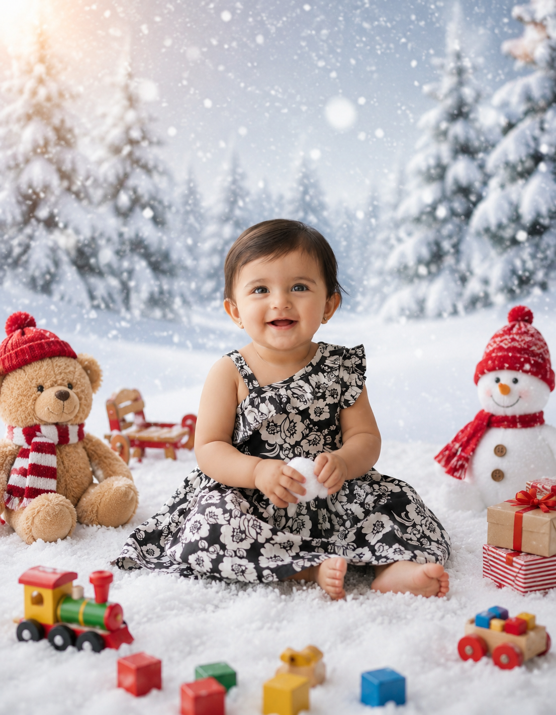Snow Blossom Black & White Floral Baby Dress