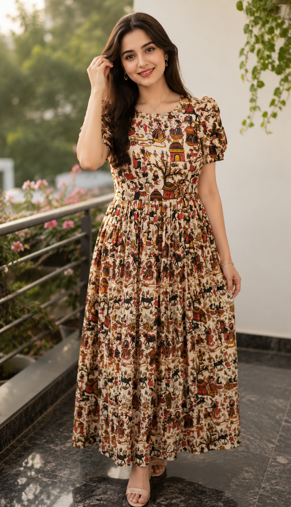 Heritage Print Ruffle Sleeve Maxi Dress