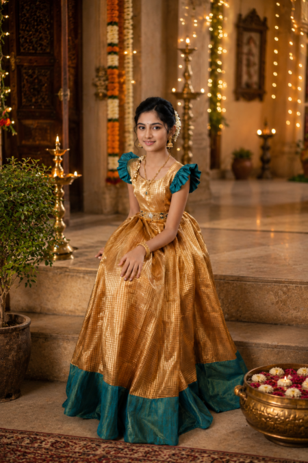 Elegant Golden Teal Silk Kids Gown