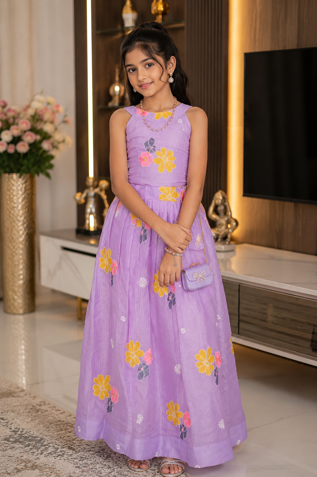 Lavender Floral Kids Party Wear Gown