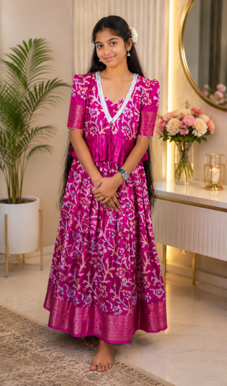 Magenta Floral Ethnic Gown for Girls