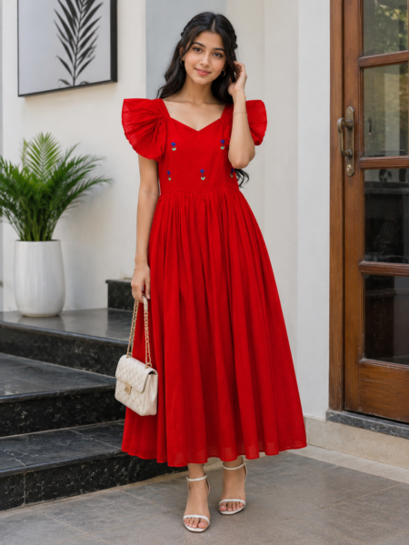 Stylish Red Flared Midi Dress