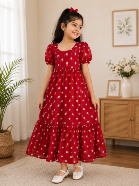 Cherry Red Polka Dot Girls Party Maxi Dress