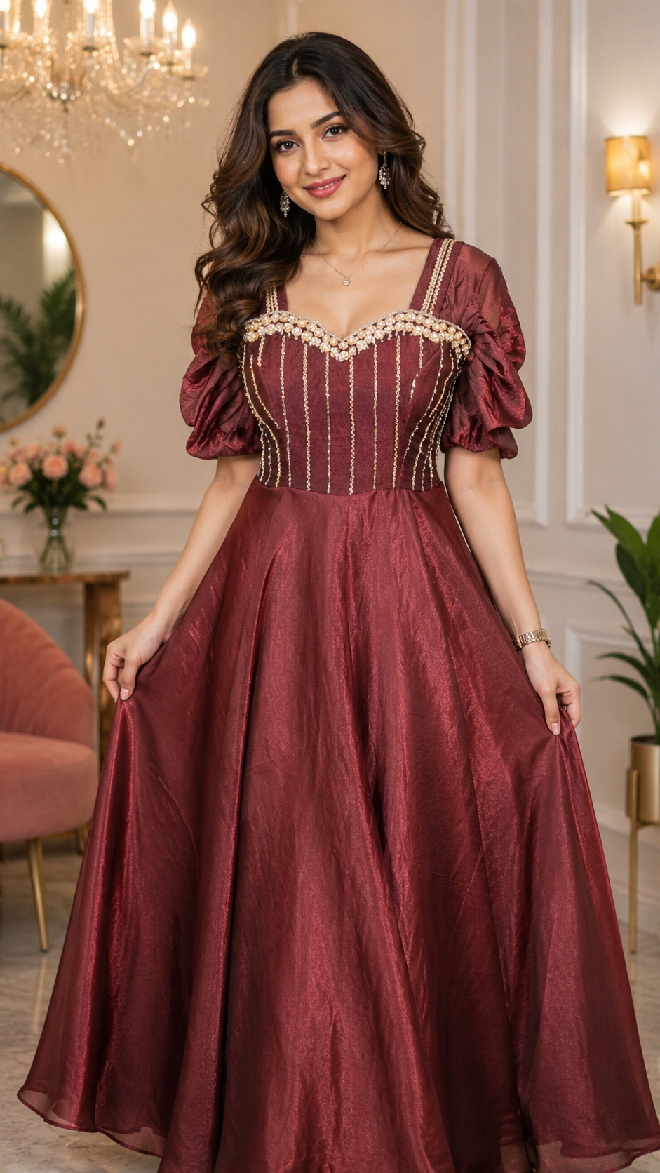 Elegant Wine Maroon Princess Gown