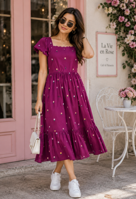 Magenta Embroidered Midi Dress