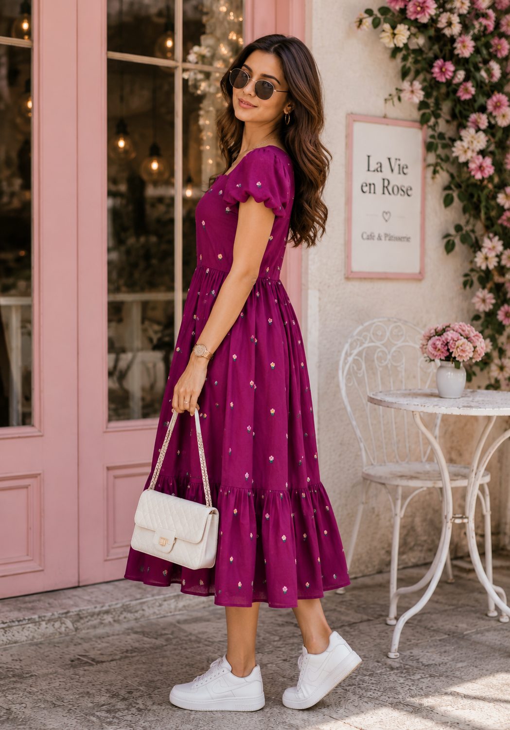 Magenta Embroidered Midi Dress - Image 2