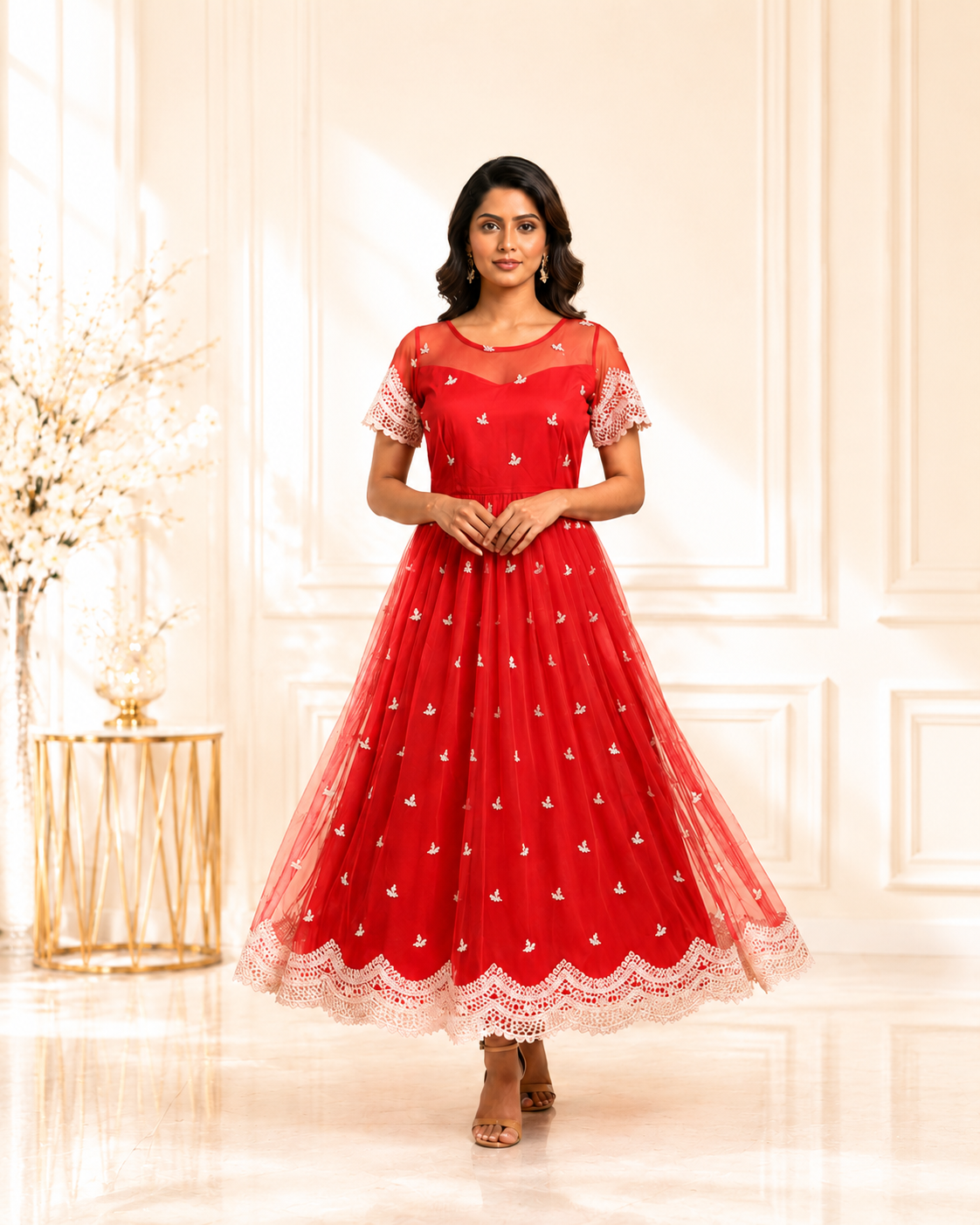 Elegant Red Embroidered Flared Midi Dress