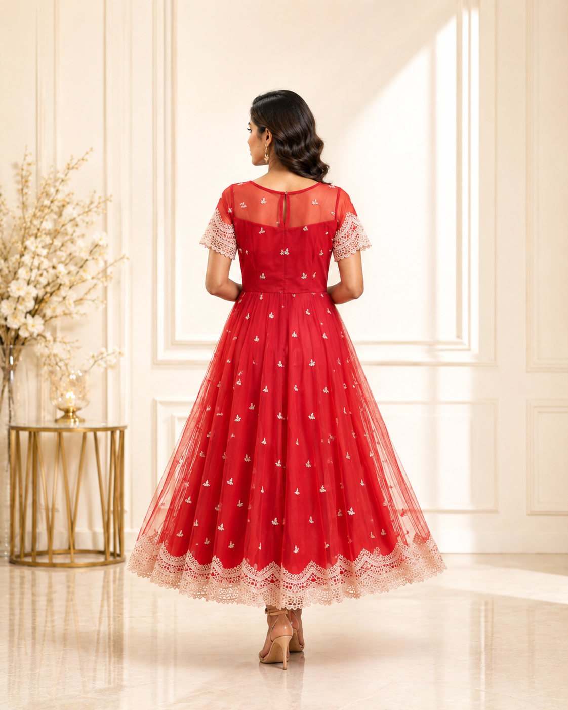 Elegant Red Embroidered Flared Midi Dress - Image 2