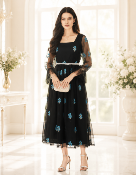 Elegant Black Embroidered Net Dress