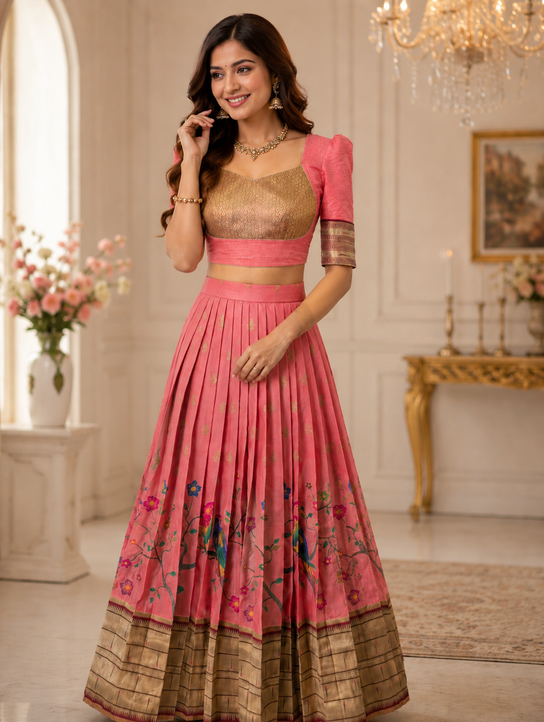 Designer Peach-Pink Printed Lehenga
