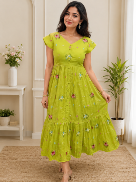 Elegant Lime Green Floral Embroidered Dress